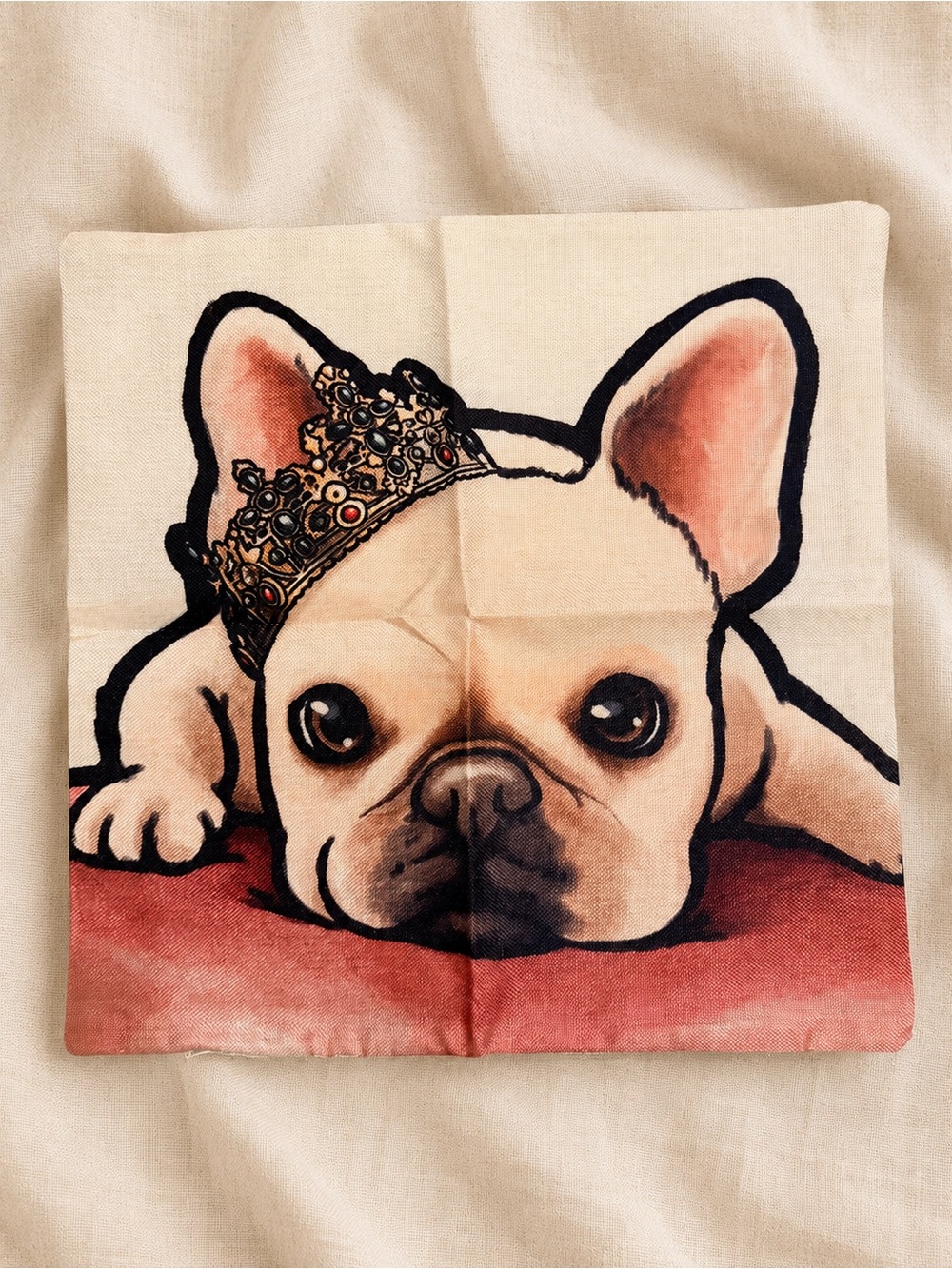 French Bulldog Crown Pillow Cover | Linen 18x18 | Cute Royal Dog Decor | Pink - Picture 4 of 10